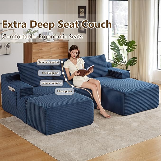 96" U-Shape Cloud Couch, Modern Modular Sectional L-Shape Sofa with Ottoman, Corduroy Upholstered Couches Deep Seat Sleeper Chaise Longue for Living Room, No Assembly Required(Blue, Right Facing)