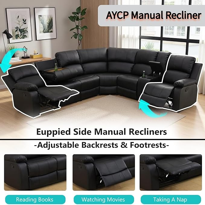 Manual Reclining Sofa Set with Drop-Down Table, Corduroy Sofa Sets, Living Room Furniture Sets, Modern Manual Recliner Sofa Sets with Storage Console for Living Room (Black, Sectional)