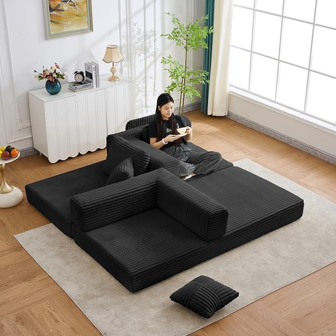 Folding Sofa Bed, Corduroy Loveseat Sleeper with Fixed-Shape Frame, No Assembly Needed Futon Couch, Convertible Floor Sofa Lounge Couch for Living Room, Bedroom, Lounge Studio, Black