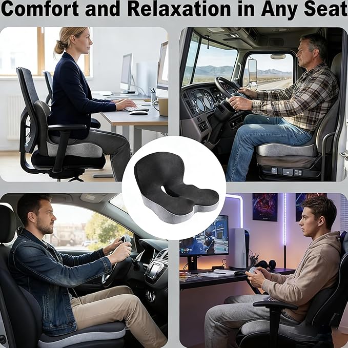 Orthopedic Cushion for Office Chair and Car, Memory Foam Seat Cushion with Lumbar Support Pillow, Instant Relieve Pressure on Back, Hips, Tailbone, Improves Sitting Posture (1, Black)