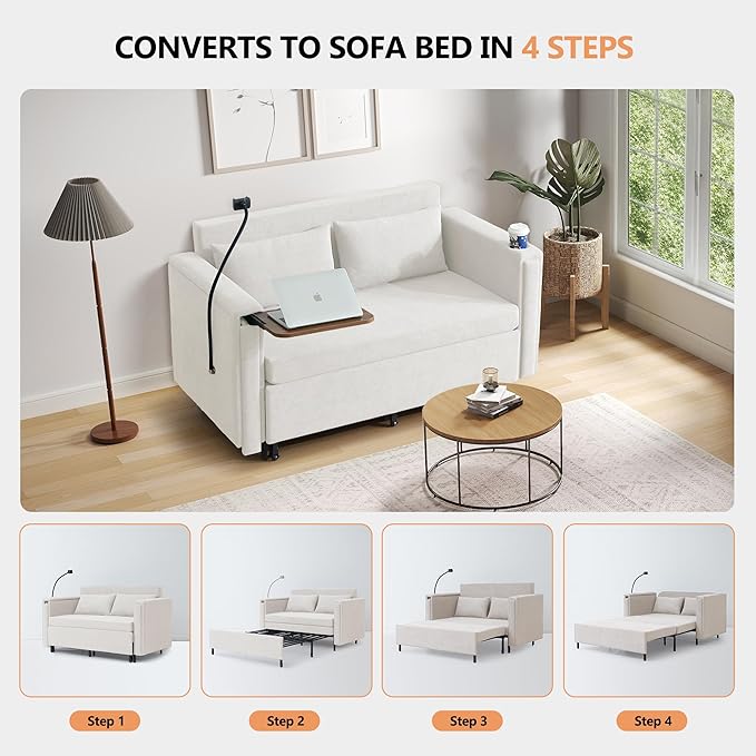 ORRD Pull Out Sofa Bed, 2-in-1 Multi-Functional Sleeper Couch Small Loveseat Bed with Hidden Side Table, Phone Holder and Cup Holder for Living Room, Small Space, Apartment (White)