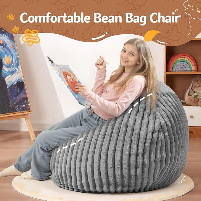 Homguava 2FT Bean Bag Chair, 2' Small Bean Bags with Memory Foam Filled, Beanbag Chairs with Machine Washable Cover Dutch Corded Plush Cover for Classroom,Living Room,Bedroom-Grey