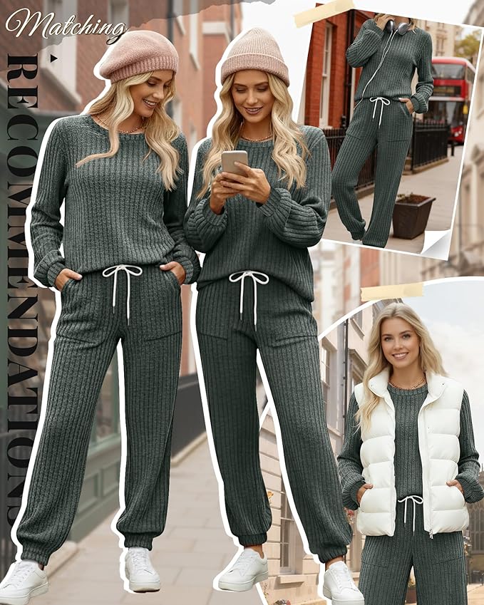 Sweetyweee Women's Ribbed Knit Lounge Sets 2 Piece Outfits Long Sleeve Pajamas Set Loungewear Sweatsuits Fall Pjs with Pocket