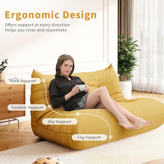 Foam Floor Lazy Couch Bean Bag Chair Sofa Fireside 3 Seat Lounger Couches for Adults Oversize Corduroy Cozy Chair for Home, Apartment and Gaming Venue,Yellow