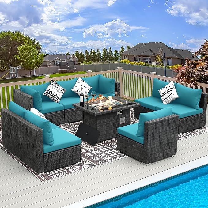 RADIATA 9 Piece Wicker Patio Furniture Set with Fire Pit, All-Weather Outdoor Sectional Couch High Back Large Size, Modular Backyard Seating Sofa Set with Propane/Natural Gas Firepit Table, Grey&Teal