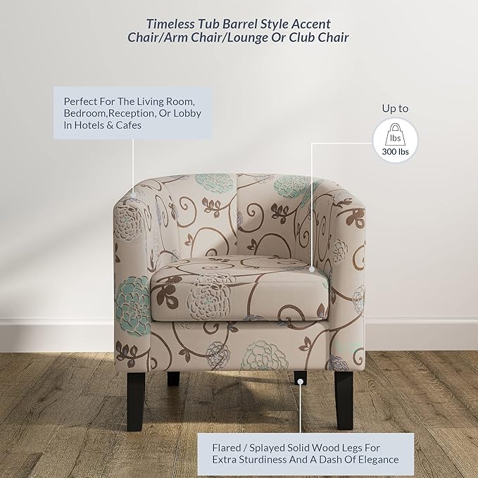 BELLEZE Living Room Chairs Set of 2, Linen Round Accent Barrel Chairs, Club Tub Sofa Chairs for Bedroom, Corner Chairs with Flared Legs and Cozy Soft Padding - Highland (Floral Print)