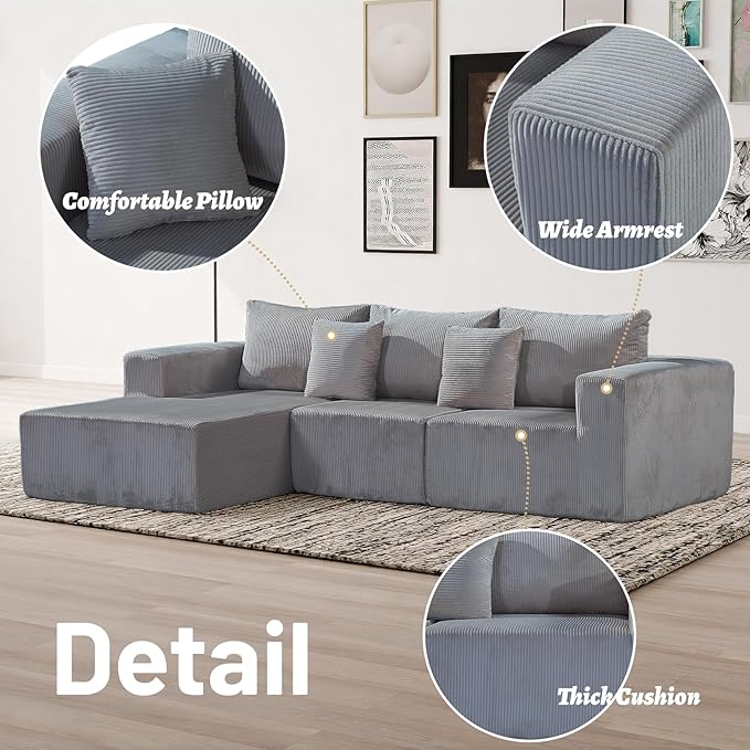 Modular Sectional Sofa,Oversized Cloud Sectional Couch with Deep Seat Modern Boneless L-Shape Lounge Sofa No Assembly Required with Pillows for Living Room Bedroom(Grey)