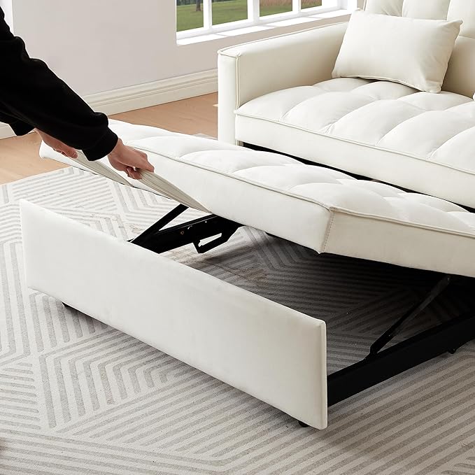 3 in 1 Convertible Sleeper Sofa Bed, Futon Couches for Living Room with Side Pocket | Adjustable Backrest| Velvet Fabric | Pull Out Couch | Love seat Sofa|2-seat Sofa Bed (GEIGE)