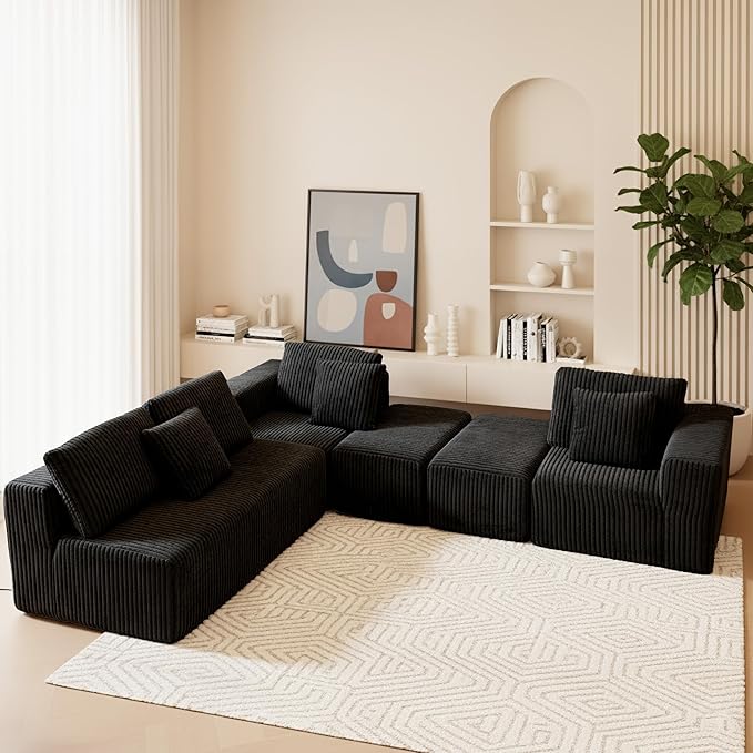 132" U Shaped Modular Sofa, 4-Seater Sectional Cloud Couch with Chaise, Soft Corduroy Boneless for Living Room, No Assembly Required, Free Configuration, Black