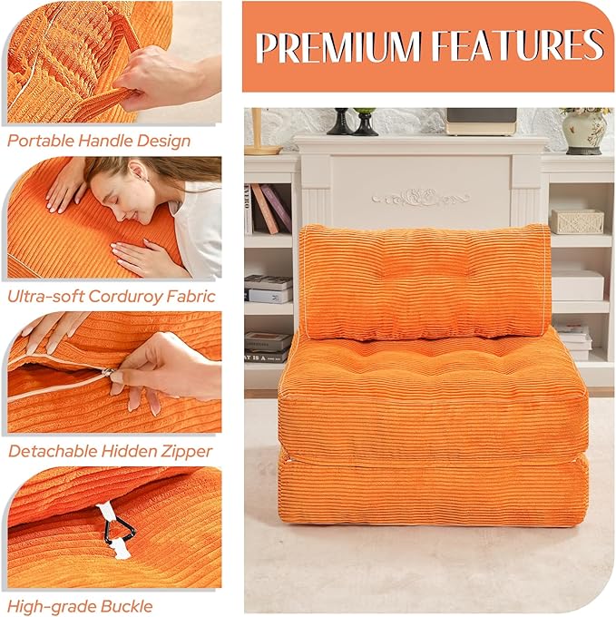 HABUTWAY Folding Sofa Bed, Convertible Sleeper Chair Bed w/Dual-Pillow & Handle, Foldable Floor Sofa Lounge w/Back Support for Living Room, Bedroom, Apartment, Office, Single, Orange