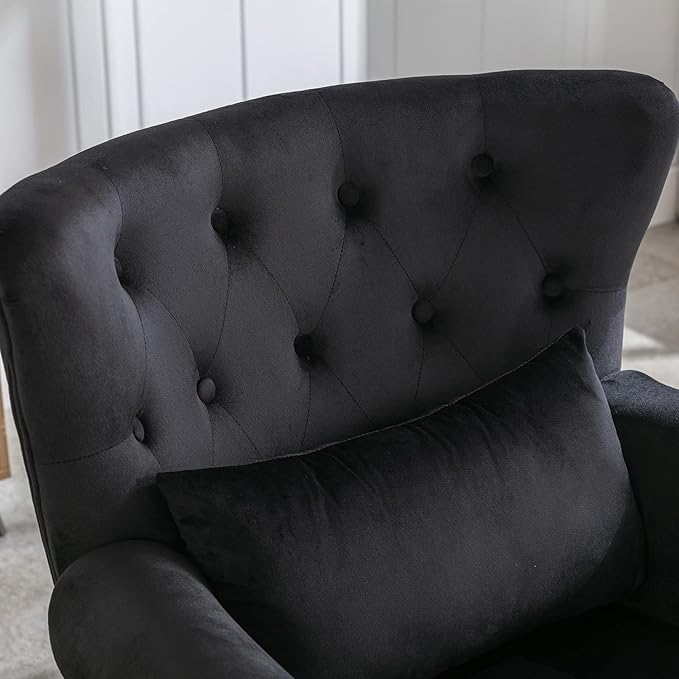 chairus Mid-Century Modern Accent Chair with Ottoman, Comfy Velvet Single Sofa Chair Button Tufted Wingback Armchair with Pillow for Living Room/Bedroom/Club - Black
