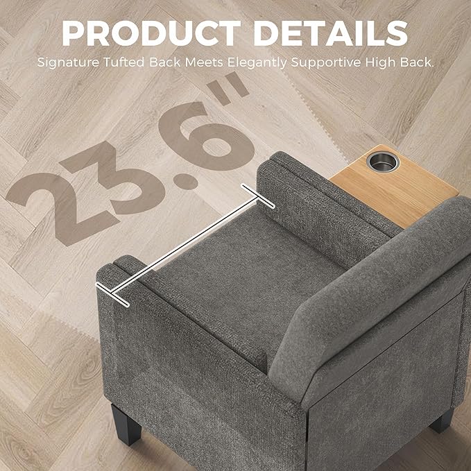 Chenille Accent Chair, Mid Century Modern Arm Chair with Foldable Wooden Side Table & Cup Holder - Comfy Reading Chair for Bedroom,Living Room Chairs,Sofa Chair Set of 2,Dark Grey
