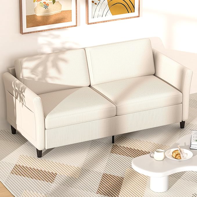 Valthie 79.1" Corduroy Loveseat Sofa, Modern Comfy Couches with Side Pocket, 3-Seater Sofa Couch for Living Room, Bedroom and Small Spaces,Beige