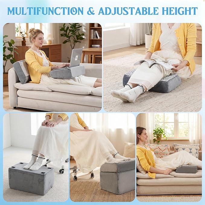 Novabright Adjustable Under Desk Foot Rest, Memory Foam Foot Stool with Gel Top and Warm Pocket Washable Cover Footrest for Office Chair Leg and Back Pain Relief(17" X 11" X 17",Cambered,Gray)