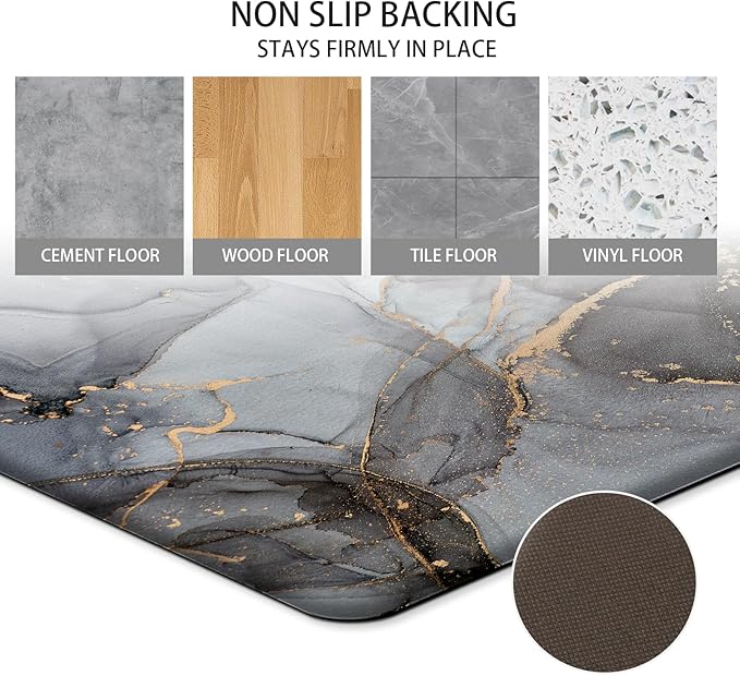 Anti Fatigue Kitchen Mat Cushioned 2 Pieces Black Kitchen Rugs Non Slip Waterproof Kitchen Floor Mats Gold Kitchen Accessories Comfort Memory Foam Kitchen Mats for Floor Laundry Room