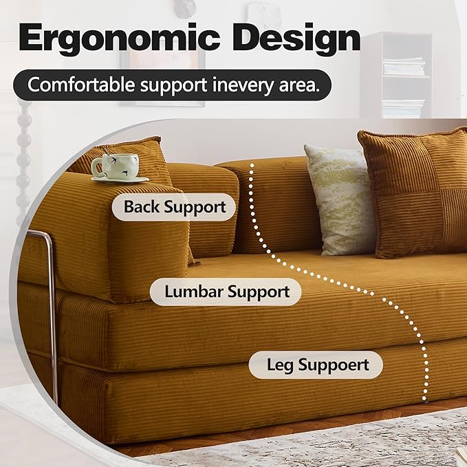 LIAROO 78.8" Convertible Sofa Bed - Compression Sofa with Corduroy Fabric - with Armrests and Backrest - Modular Sectional for Living Room, Bedroom, Studio - Compression Sofa in Box (Yellow)