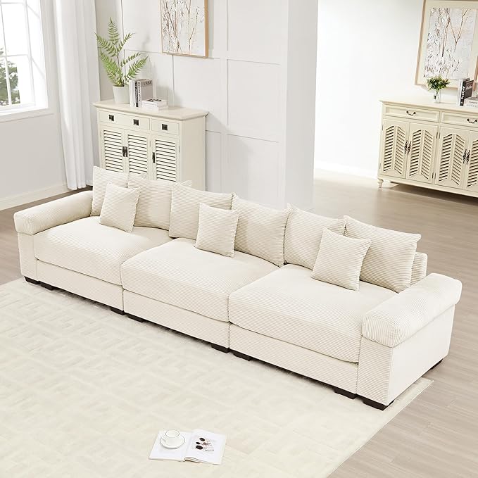 KEIKI 130" Oversized Corduroy Modular Cloud Sectional Sofa with High-Density Foam Cushions, Extra-Thick Armrest, Upholstered Modern 3-Seater Fluffy Corner Couch with 9 Pillow, for Living Room, Beige