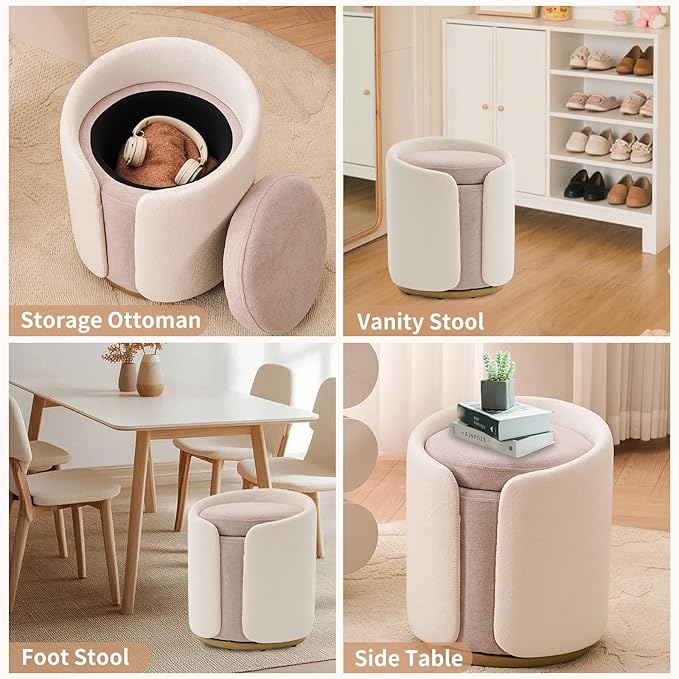 Vanity Chair with Storage, Round Boucle Vanity Stool No Wheels, Swivel Ottoman Chair with Upholstered for Women, Makeup Chairs Accent Stool with Back for Living Room, Gold Base, Beige