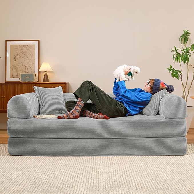 79" Convertible Sofa Bed, Boneless Corduroy Sleeper Foldable Modular Couch, Memory Foam Compressed Sofa in A Box, Folding Mattress Floor Couch for Small Space Living Room Apartment Bedroom, Light Gray