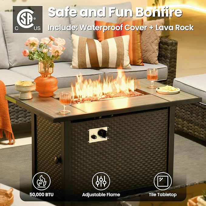 ovios 7 Pieces Patio Furniture Set, Outdoor Wicker Sofa Couch with Rocking Swivel Chairs Fire Pit Table, Modern Deep Seat Rattan Conversation Sets for Deck Porch, Grey