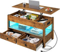 WLIVE Coffee Table, Lift Top Coffee Table with Drawers, LED Light, Large Storage and Open Shelf, Lift Tabletop for Living Room, Rustic Brown
