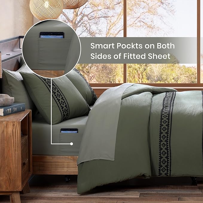 MaiRêve Embroidery Comforter Set, Boho Farmhouse Western Bedding Set, All Season Bed in A Bag Comforter Set with Sheets, Pillowcases & Shams, Olive Green Oversized Queen 7 Pieces