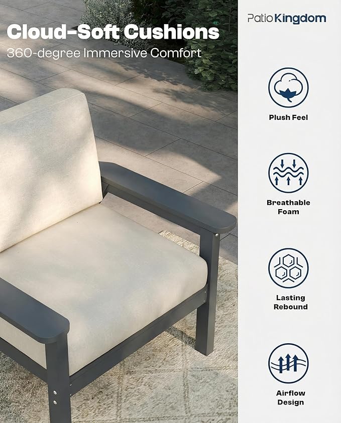 Patio Kingdom 7 Piece Patio Conversation Sets, Outdoor Couch with Washable Thick Beige Cushions, HDPE Patio Furniture Set, Outdoor Sectional Furniture for Backyard, Deck, Lawn, Porch (Grey Frame)