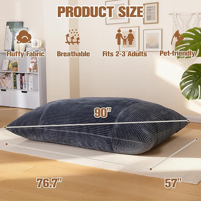 nalone 4-in-1 Giant Bean Bag Chair for Adults, 6.4 FT Memory Foam Filled Beanbag Chair, Floor Sofa Bed with Fluffy Washable Flannel Cover, Lounge Couch for Bedroom, Living Room (Grey)