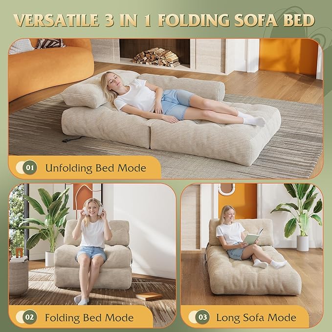 WLIVE Sofa Bed, Bonless Couch, Bean Bag Chairs for Adults, Pull Out Couch, with Pillow, for Living Room Dorm Bedroom, Beige