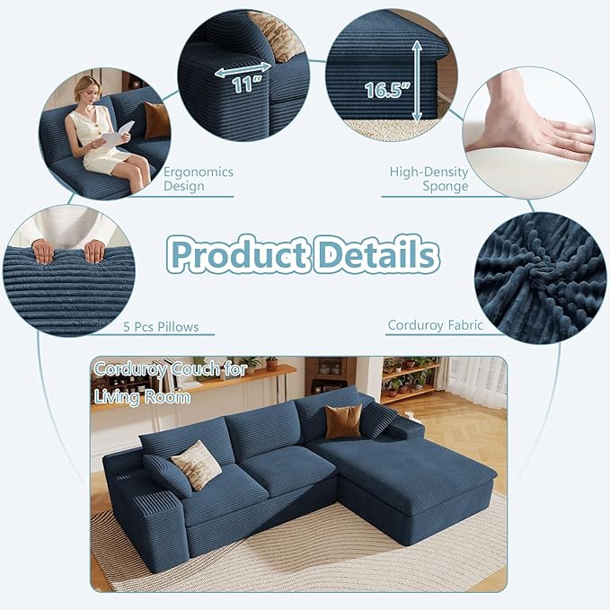 107" Cloud Sectional Couch with L-Shape Chaise, Modern Corduroy Viral Boneless Sofa for Living Room,Memory Foam Couches in a Box with Deep Seat,No Assembly Required (Blue,Right-Facing Chaise)