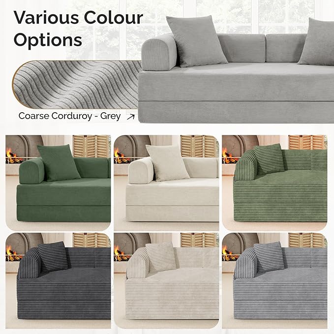 Convertible Corduroy Sleeper Sofa Bed with Cylindrical Pillows, Convertible Mattress Sofa with Fixed Shape Frame, Living Room Bedroom Lounge Studio Use Floor Sofa Lounge,Grey