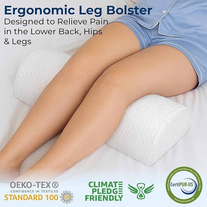 5 STARS UNITED Knee Pillow for Back Sleeping – Memory Foam Cushion for Sciatica Pain Relief – Under Leg Support for Sleeping on Back – Large Half Moon Bolster for Bed, White