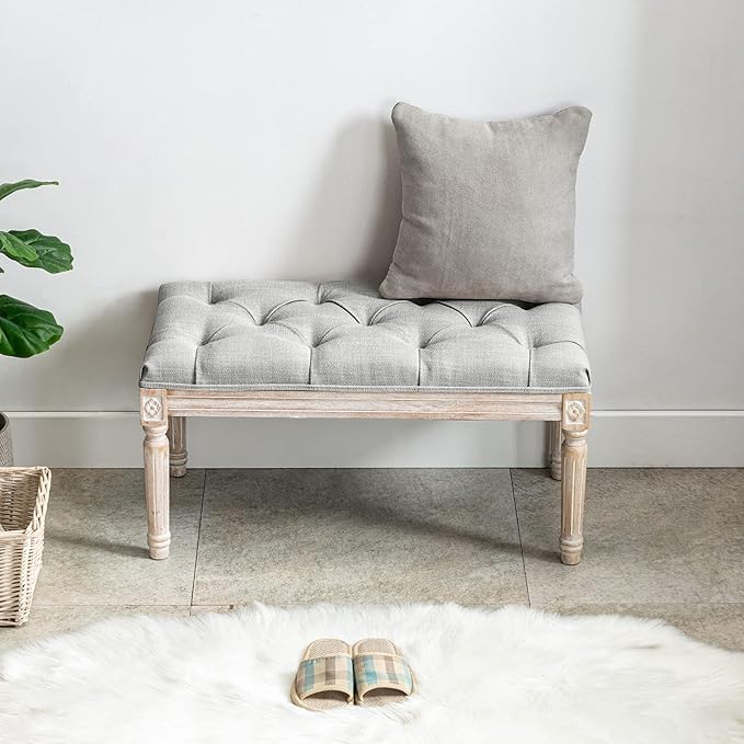 DM Furniture Ottoman Bench Upholstered Fabric Rectangle Entryway Bench, Tufted Piano Bench for 2 People, Rubber Wood Legs with Beautiful Carved Pattern for Bedroom/Living Room/Dining Room (Grey)
