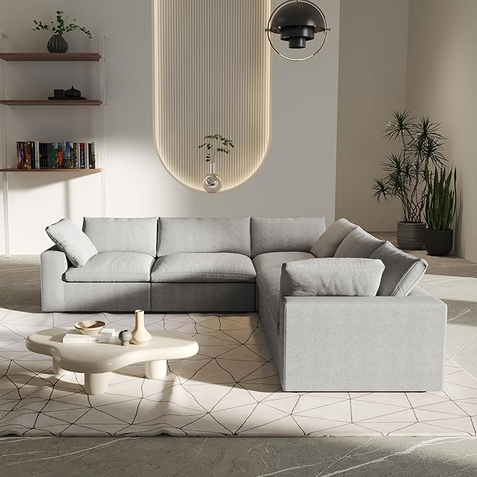 V-Shaped Cloud Sectional Couch, Modular Sectional Sofa, Modern Comfy Cloud Sofa, Covers Removable, Convertible Sleeper Couch for Living Room Apartment (Light Grey, Linen Fabric)