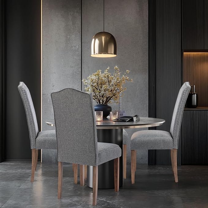 Snugway Upholstered Dining Chair Stylish Parsons Kitchen High Back with Silver Nailhead Trim & Wood Legs, 6-Pack, Fabric Classic Grey