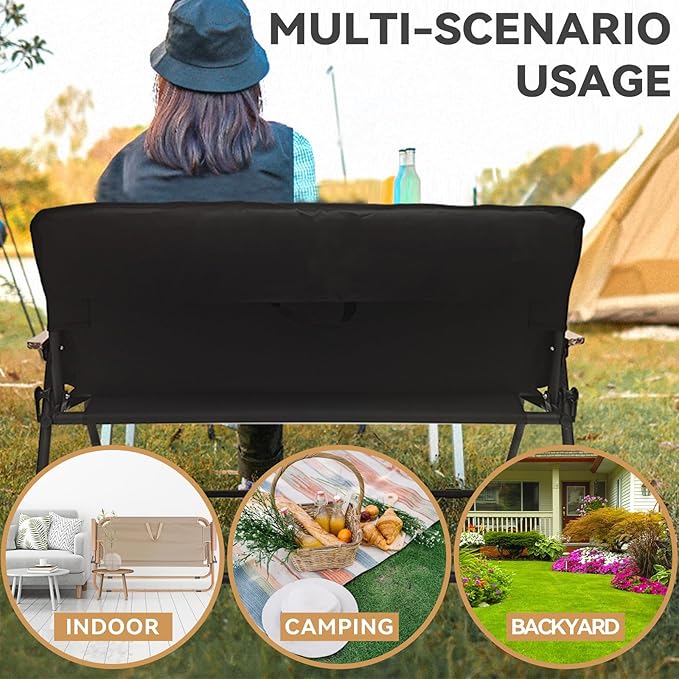 Loveseat Camping Chair with Detachable Cushion, Folding Double Camping Chair with Armrests for Outdoor Fishing Travel Lawn Patio (Black)