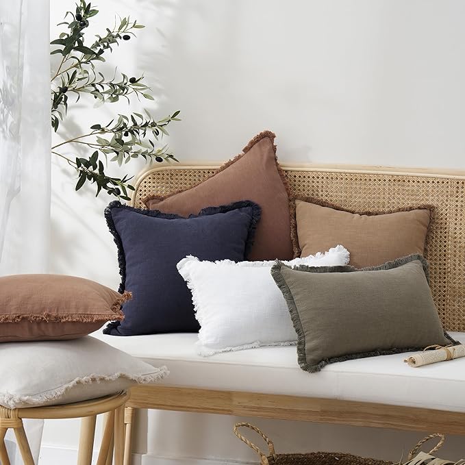 Foindtower Set of 2 Decorative Linen Fringe Throw Pillow Covers Cozy Farmhouse Boho Cushion Cover with Tassels Soft Accent Pillowcase for Couch Sofa Bed Living Room Home Decor 20×20 Inch Rust