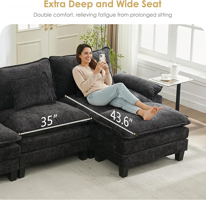 URRED Cloud Couch Modular Sectional Sofa, 122" Modern U Shaped Deep Seat Sofa with 2 Ottomans & Pillows, Ultra Comfy Chenille Couches for Living Room, Bedroom or Apartment, Black