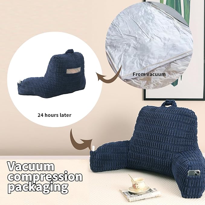 PAJEO Reading Pillow for Sitting in Bed, Large Backrest Reading Pillow with Arm Rest,Back-Rest Support Cushion for Sit Up on Couch, Sofa, and Floor, Dorm Essentials (Dark Blue Corduroy, Standard(17"))