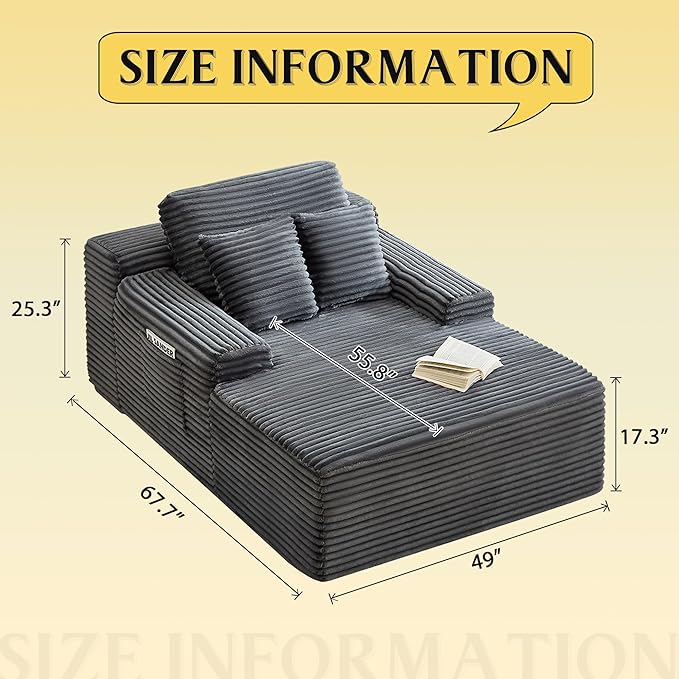 POINTANT 49”W Chaise Lounge Indoor, Oversized Couch Chair with 3 Throw Pillows, Corduroy Upholstered Boneless Sofa Bed,Lazy Bed Sleeper Reading Chairs for Living Room Apartment, No Assembly (Grey)