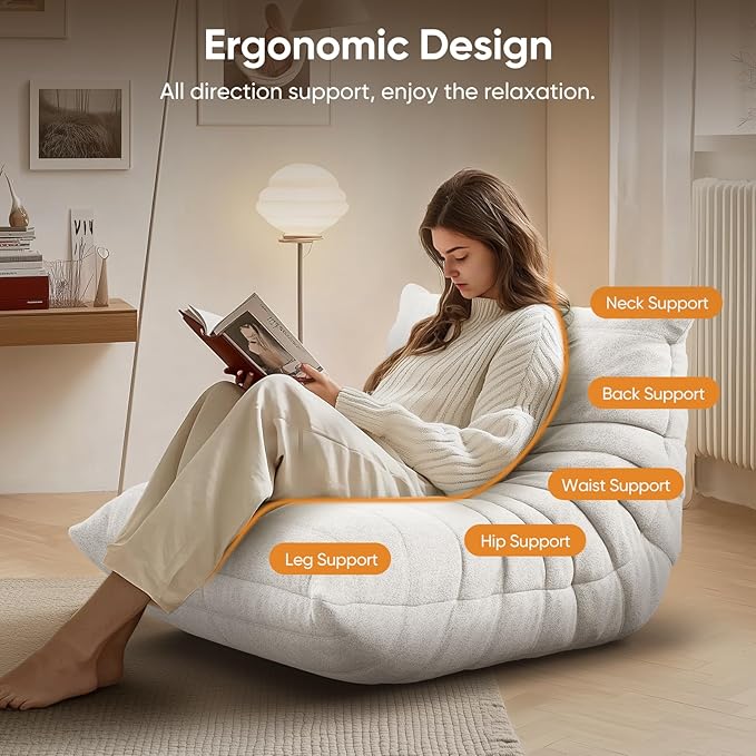 cebihy Premium Quality Compression Fireside Togo Chair, Adult Bean Bag Chair, Single Floor Couch, Soft Lazy Floor Chairs for Living Room, Bedroom, Salon & Office (Teddy White)