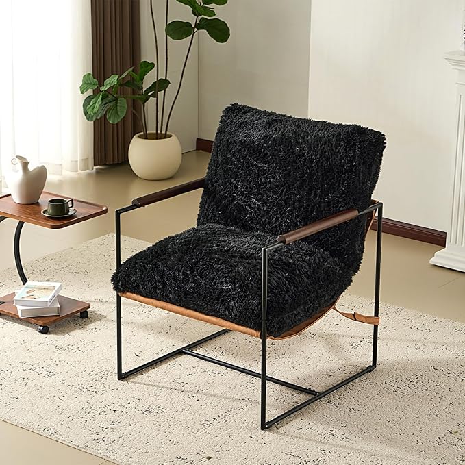 VINGLI 28" Wide Plush Upholstery Sling Modern Accent Chair Set of 2, Cute Reading Armchair with Removable Seat Cushion & Tan Microfiber Seat Base, Lazy Chair for Bedroom & Lounge,Black