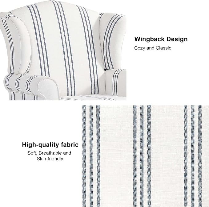 DREAMSIDEA Accent Chair Set of 2, High Back Upholstered Armchair with High Resilience Sponge & Wood Legs, Mid-Century Modern Comfy Single Sofa Reading Chairs for Living Room, Bedroom-Stripe Navy