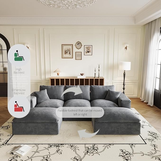 ZIGHTH 108" Plush Corduroy L Shaped Sectional Cloud Sofa Couch with Ottoman, Soft Deep Seat Modular Sectional Couches for Living Room,No Assembly. Grey