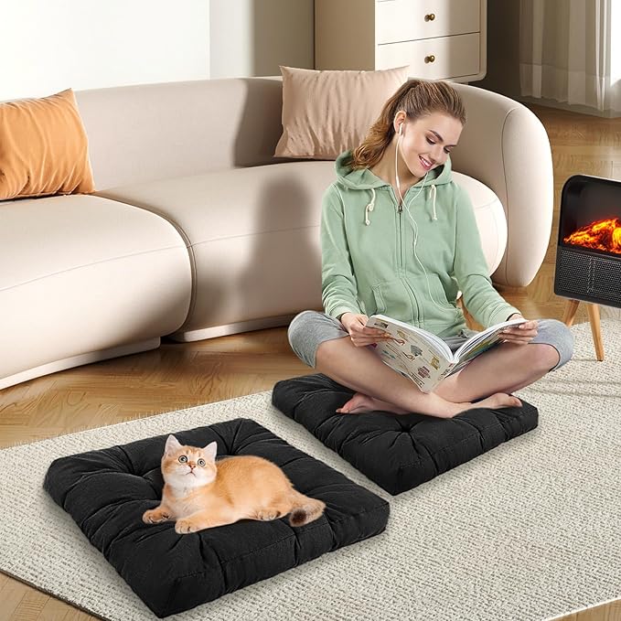 LYLNBYWK Meditation Floor Cushions Set of 2, Thickened Floor Pillow for Adults, Large Square Pillows Seat Cushion for Tatami Living Room Yoga, Memory Sponge Block Added, 22x22 Inch, Black