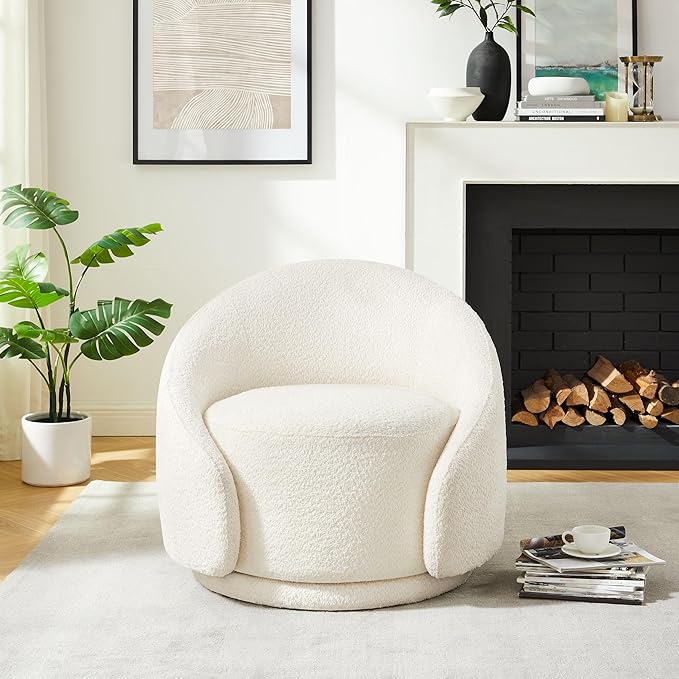 VANOMi Swivel Accent Chairs, Sherpa Round Swivel Barrel Chair with Armrest, Comfy Chair for Bedroom, Corner, Living Room, Apartment, White