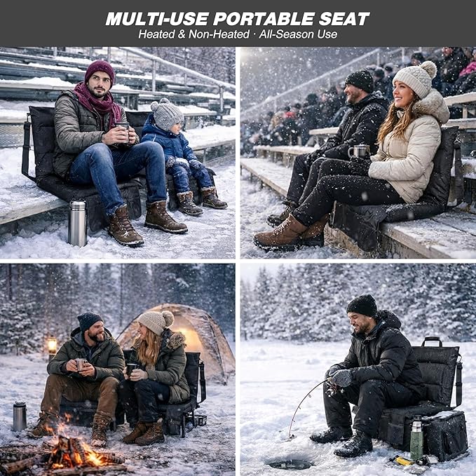 Heated Stadium Seats for Bleachers with Back Support, Foldable Stadium Chair, Portable Bleacher Seat, USB Rechargeable Warm Cushion,Outdoor Camping Games Sports, 3 Heat Levels & Timer, Waterproof