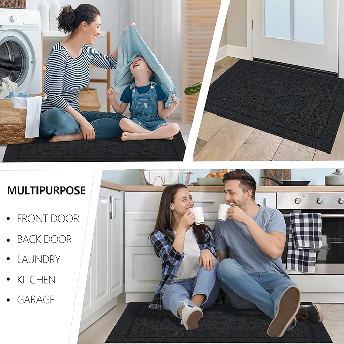 FONEYI Indoor Door Mat, Front Back Door Mat 32" x 48" Non-Slip Rubber Backing Door Rug, Machine Washable Entry Rug, Low Profile Absorbent Dirt Trapper Doormat Inside Floor Mats for Entryway, Black