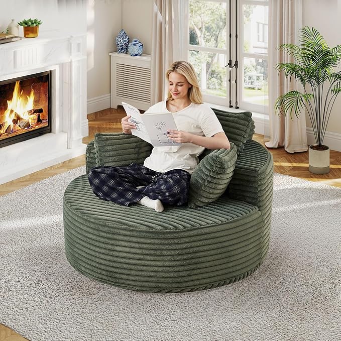50"W Oversized Round Chaise Lounge Chair Indoor, Upholstered Corduroy Deep Seat Cloud Circle Sofa Chair, Modern Fluffy Comfy Floor Reading Armchair for Living Room, Bedroom, No Assembly Required,Green