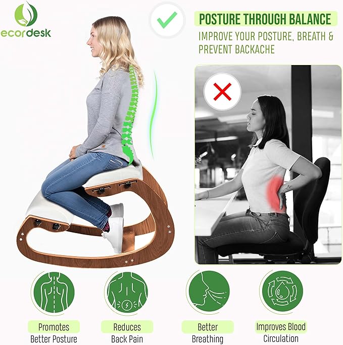 Ecordesk Ergonomic Kneeling Chair, Adjustable Seat - Office Chair for Desk, Posture Corrector, Premium Comfort Cushion, Wooden Rocking Knee Chair (Pecan)